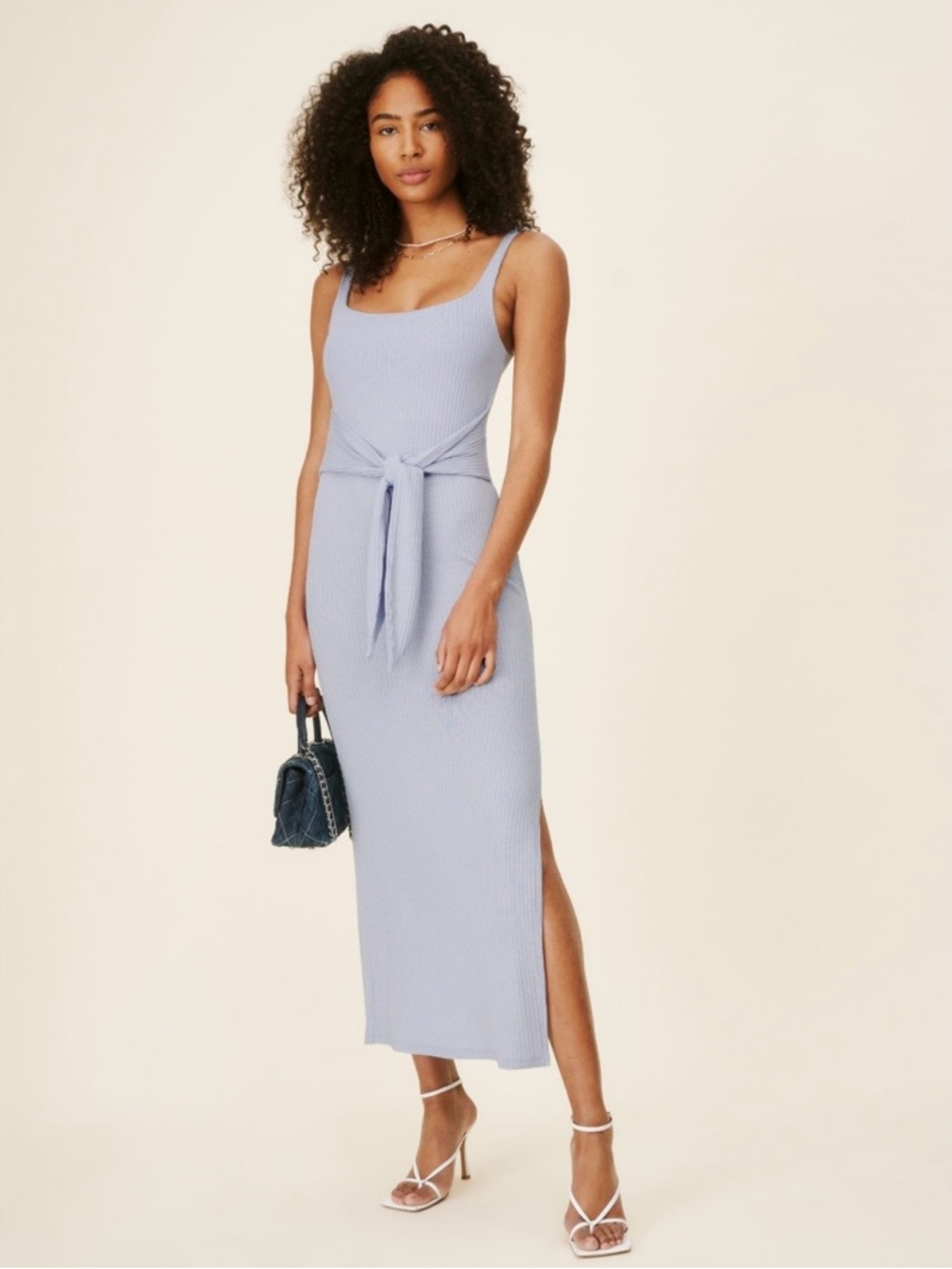 Reformation Hosby Dress $128 Light Blue Ribbed Tie-Waist Midi Dress